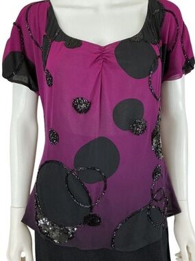 St. John Magenta and Black Sequin 100% Silk Top